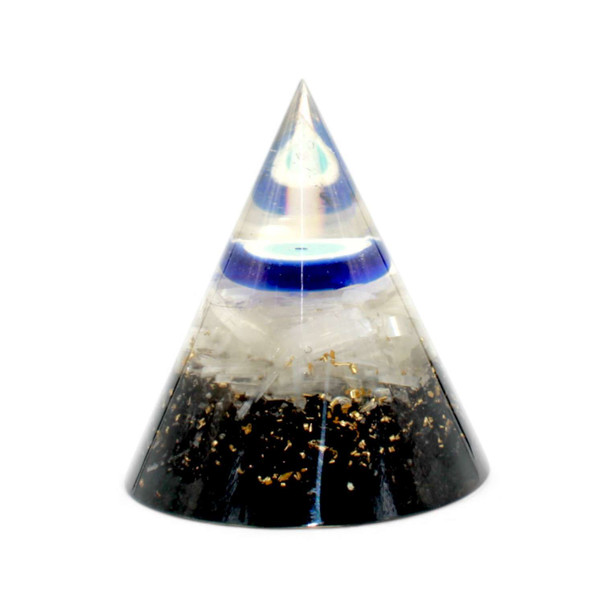 Black Tourmaline & Selenite Orgonite conical pyramid with evil eye Black Tourmaline & Selenite Orgonite conical pyramid with evil eye
