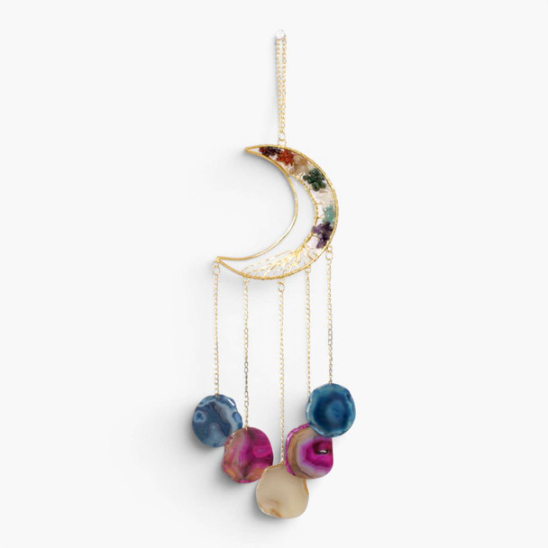 Chakra Stone Crescent moon wall hanger amulet with agate slabs - 14 inch