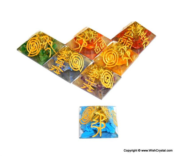 Set of 7 Chakra Orgonite Pyramids Engraved with Reiki Sign
