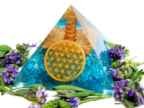 Blue Orgonite Pyramid with Crystal Point & Copper Coil