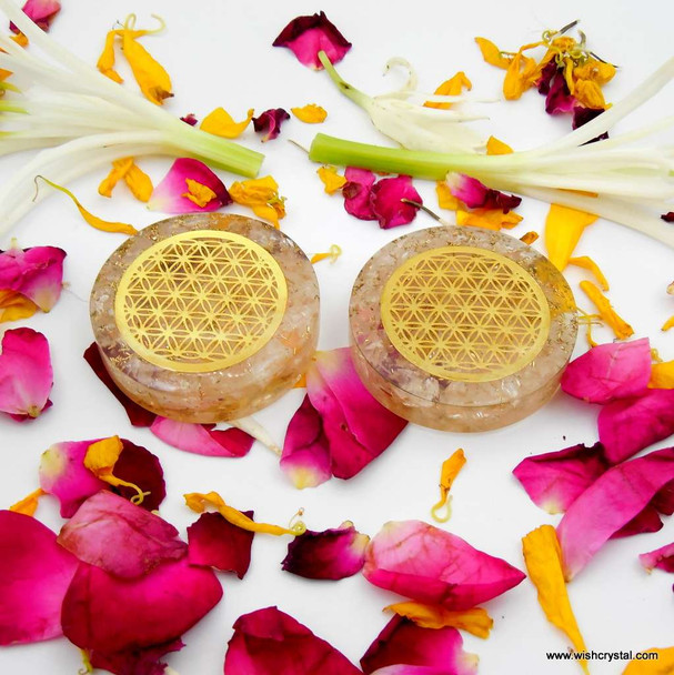 Rose Quartz Orgonite Disc with infinity metal - 1 1/2 inch diameter
