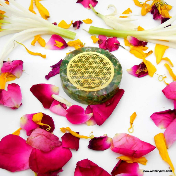 Green Quartz Orgonite Disc with infinity metal - 1 1/2 inch diameter