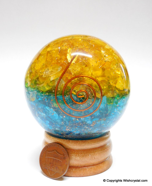 Halo Citrine & Blue Crystals Orgonite Sphere EMF Protection Healing - 60 mm