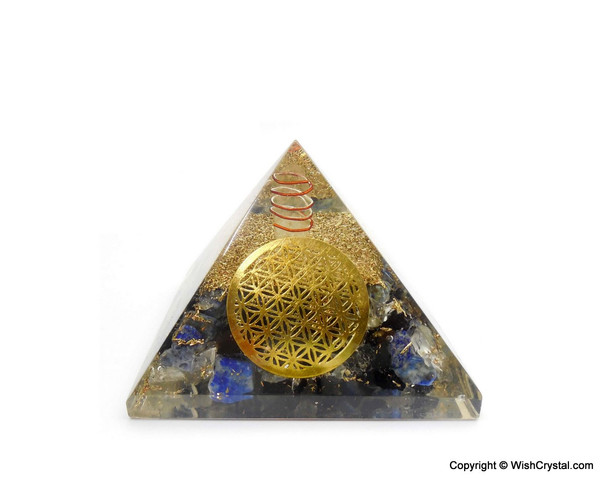Lapis Lazuli, Crystal Quartz and Black Tourmaline Orgonite Pyramid with Flower of Life