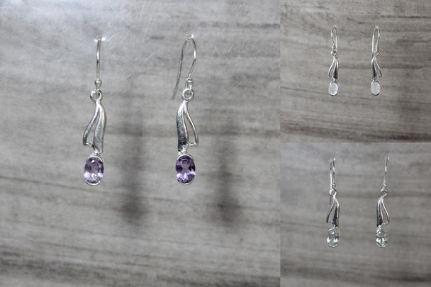 Silver Gemstone Dangle Earrings Oval Purple and Green Amethyst Moonstone