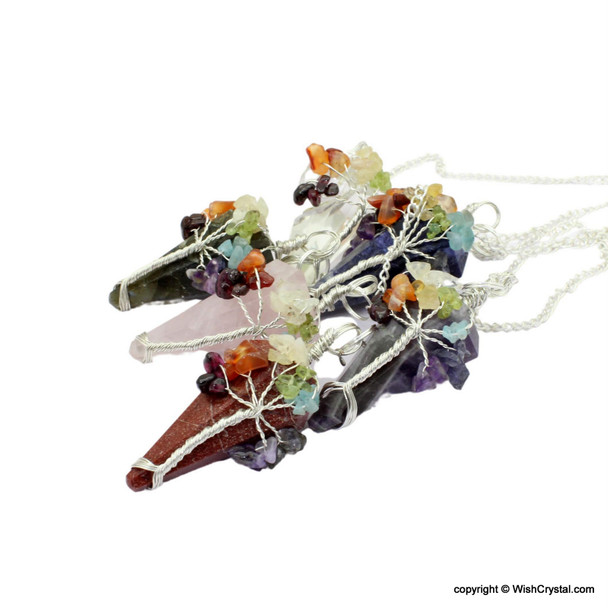 Natural Crystal Stone pendulum with 7 chakra wire-wrap stones