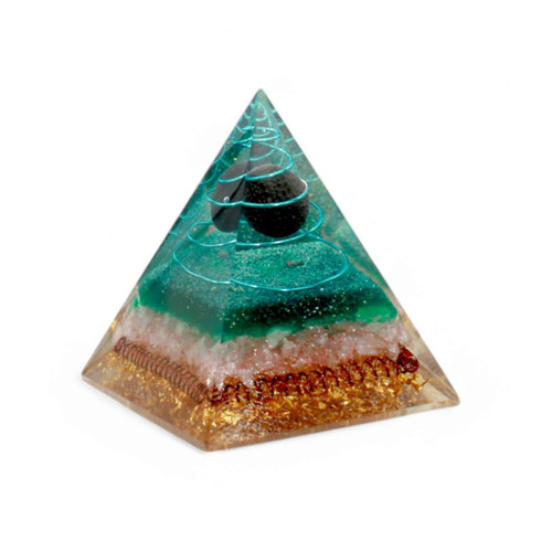 Rose Quartz orgonite pyramid with black tourmaline sphere with copper coil