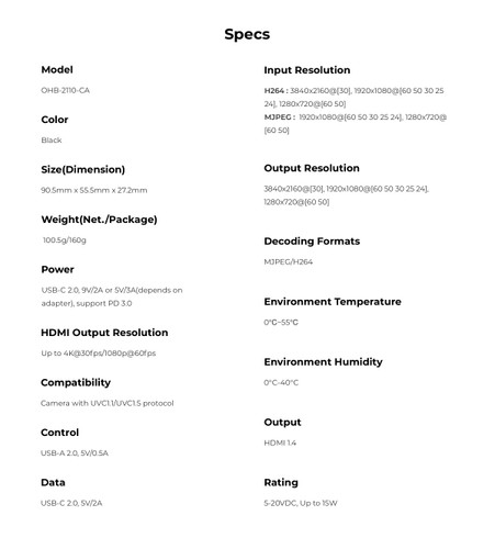 OBSBOT UVC to HDMI Adapter specifications image