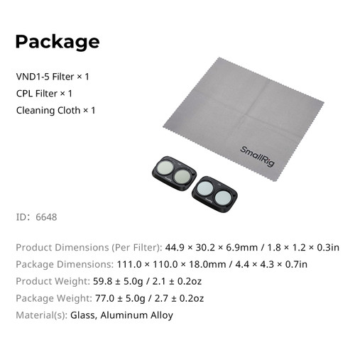 SmallRig 6648 All-in-One Filter Kit for DJI Osmo Pocket 4P (VND1-5 + CPL) 濾鏡套裝