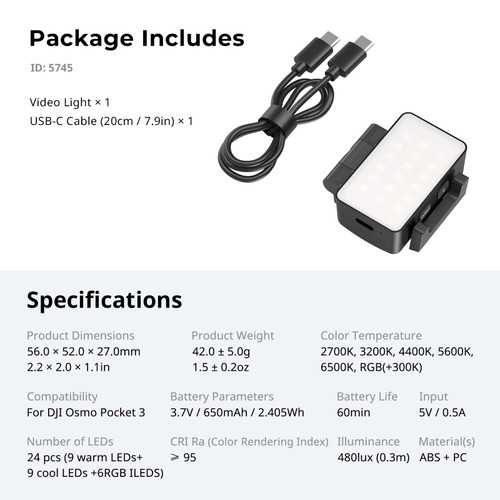 SmallRig 5745 RGBWW LED Video Light for DJI Osmo Pocket 4P / 4 / 3 全彩補光燈