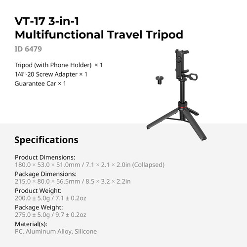 SmallRig 6479 VT-17 3-in-1 Multifunctional Travel Tripod 多功能旅行三腳架