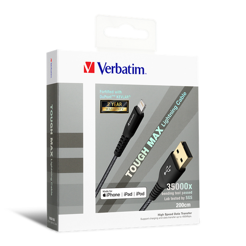 Verbatim 66118 Tough Max USB-A 至 Lightning MFi 充電線 2m - 黑色 — 包裝圖 1