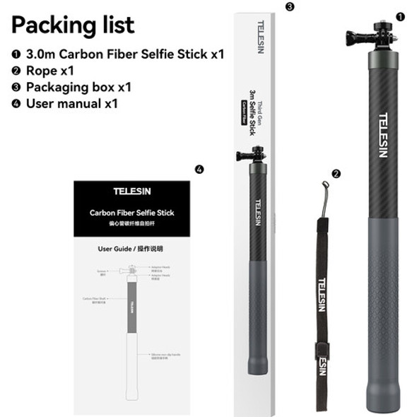 Telesin GP-MNP-300-3 3m Carbon Fiber Selfie Stick for Gopro Insta360 碳纖維自拍桿