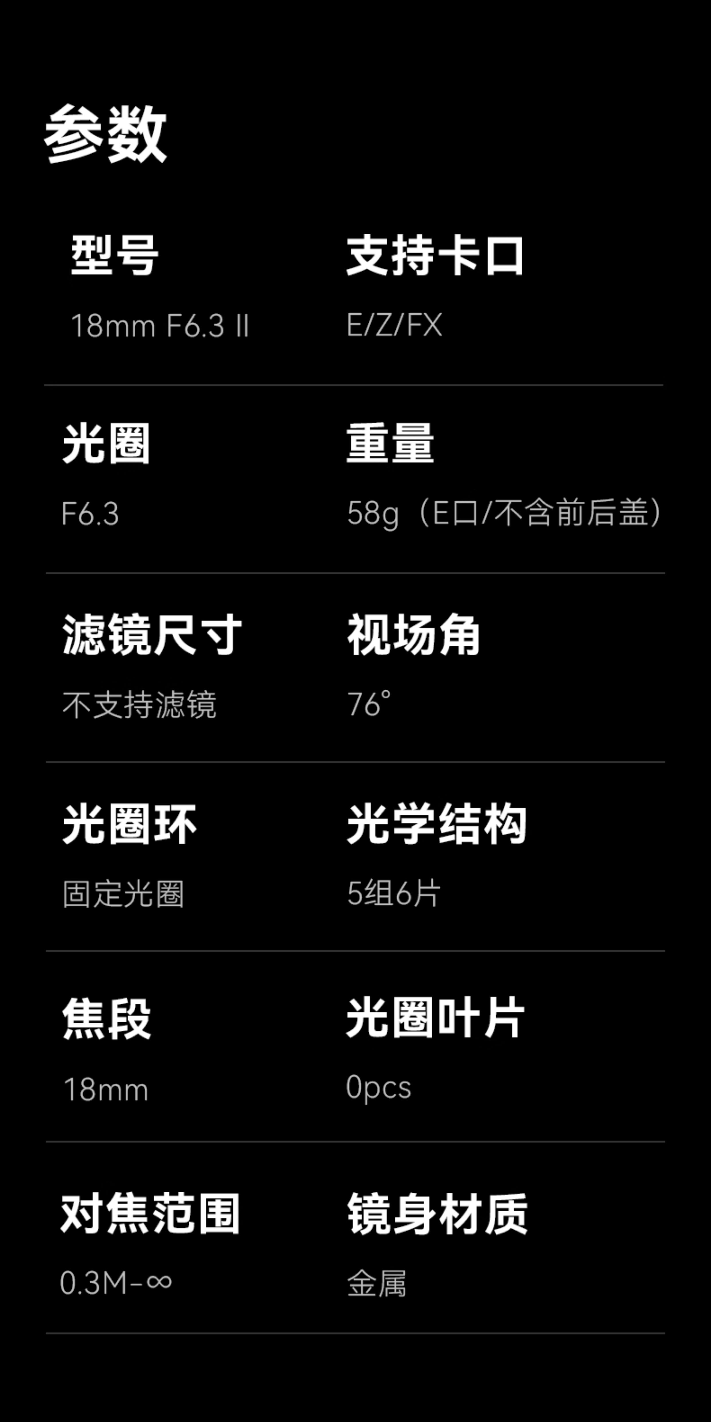 7artisans 18mm F6.3 II 產品規格