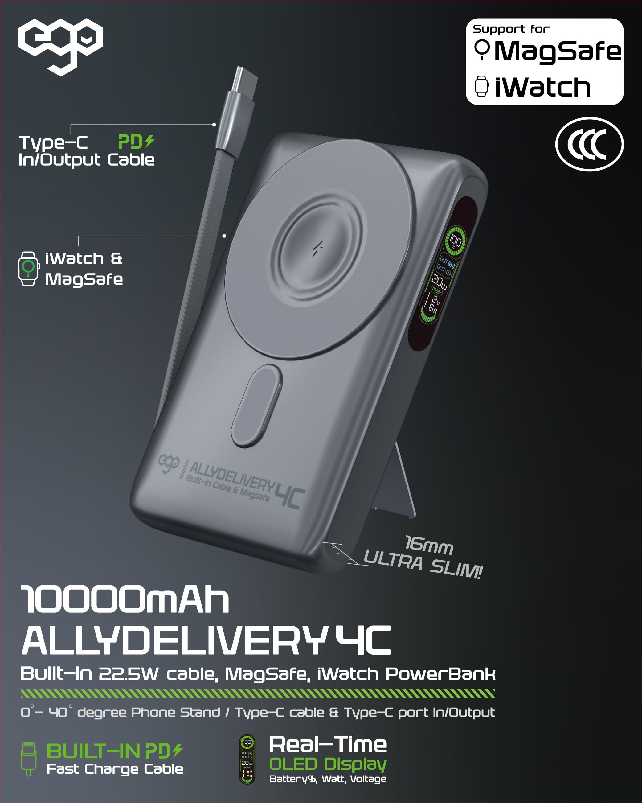EGO AllyDelivery 4C 10000mAh 5合1 磁吸外置電源 - 黑色 功能及使用說明 01