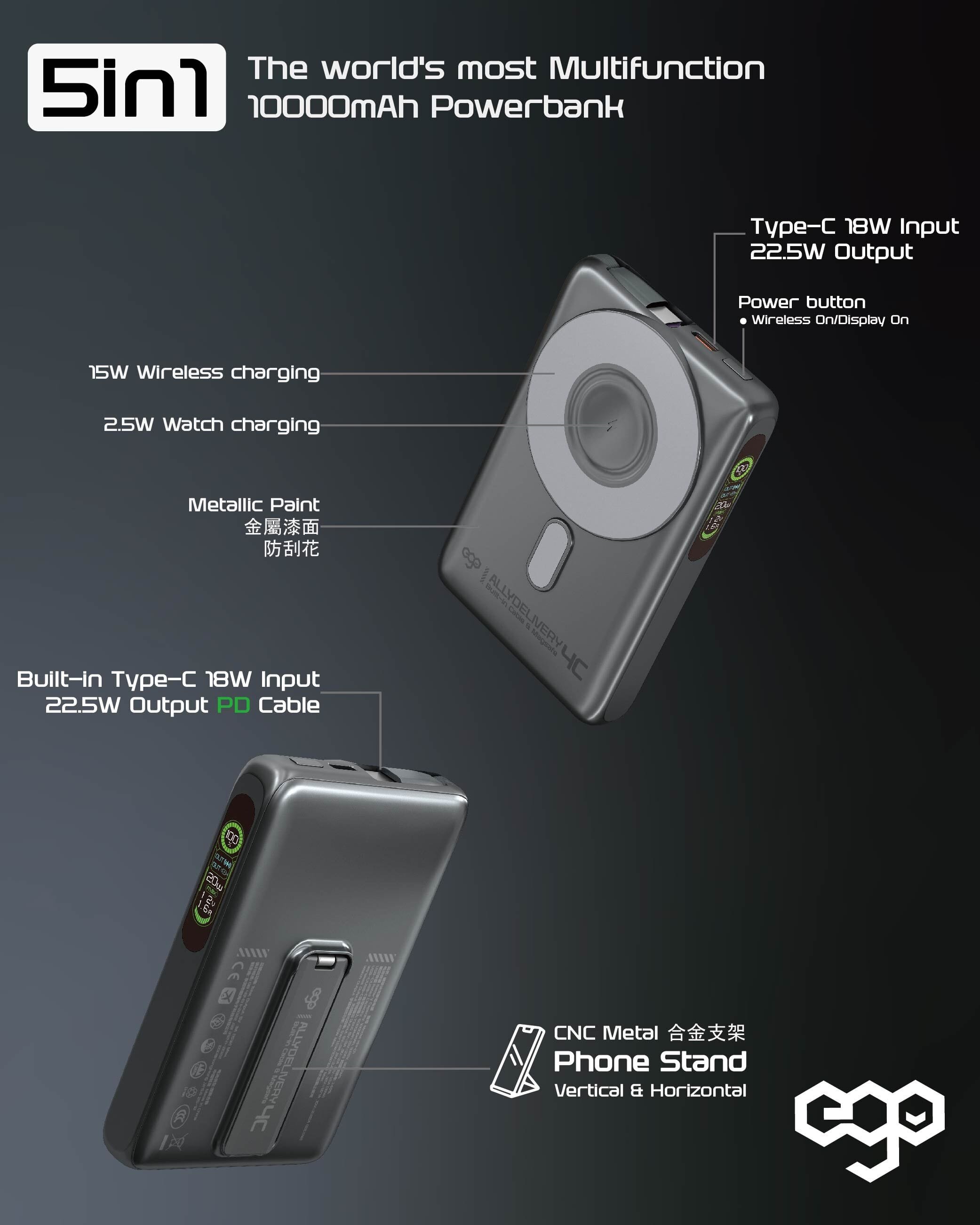 EGO AllyDelivery 4C 10000mAh 5合1 磁吸外置電源 - 黑色 功能及使用說明 03