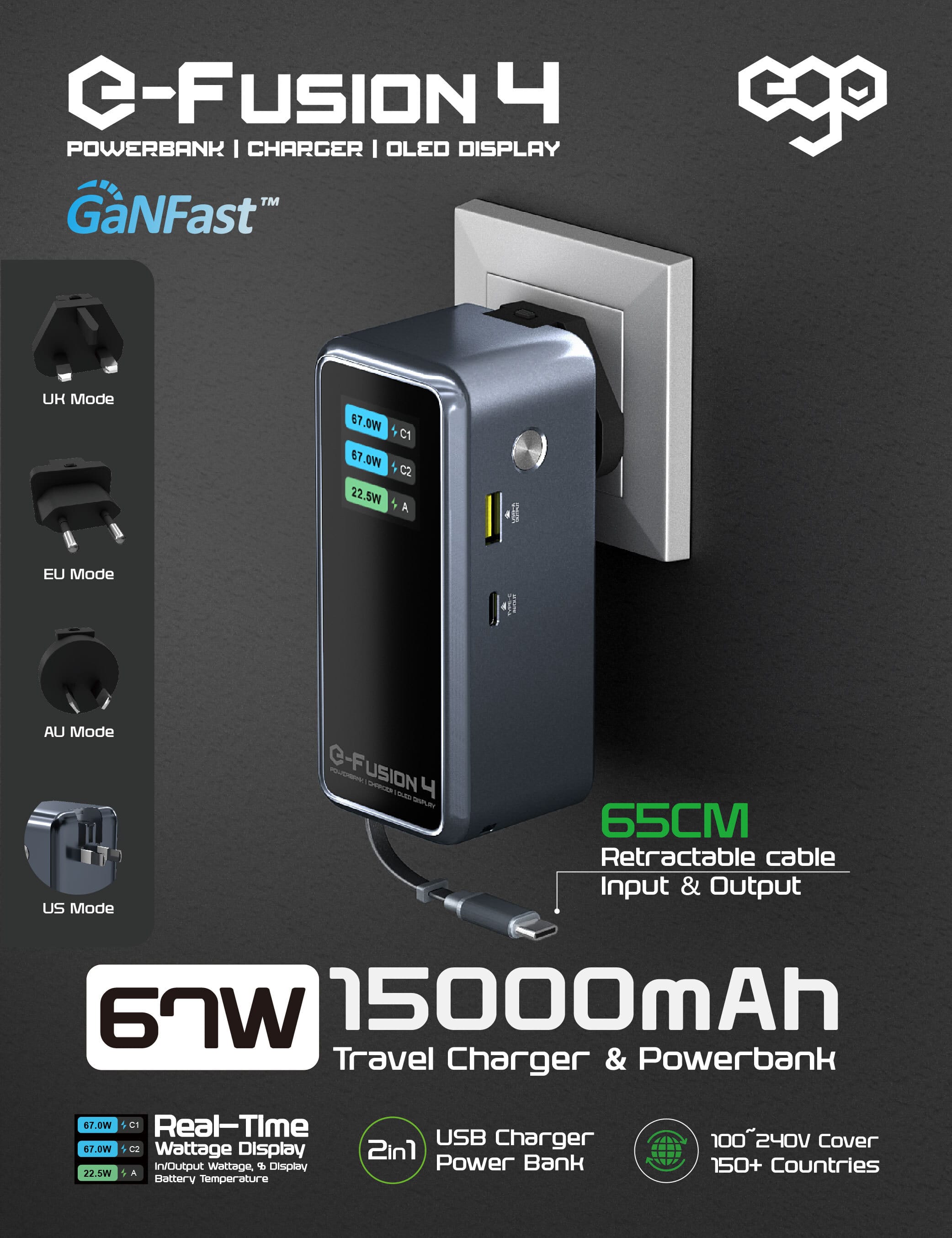EGO E-Fusion 4 15000mAh 外置電源連旅行充電器 - 黑色 功能及使用說明 01