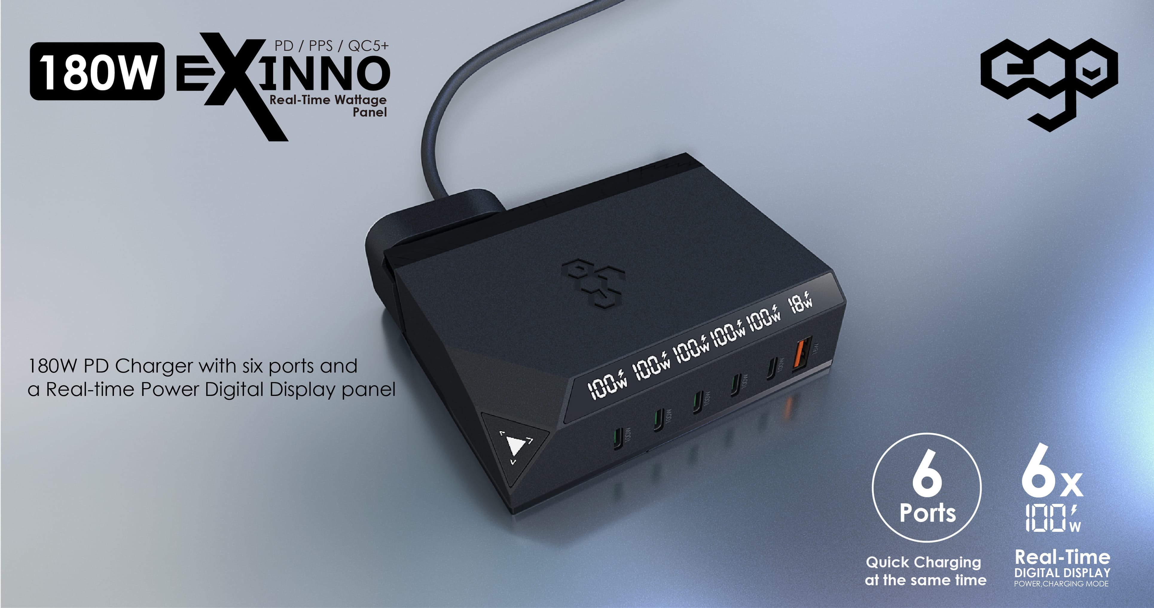 EGO Exinno+ 180W 6口 USB 充電器 - 白色 功能及使用說明 01