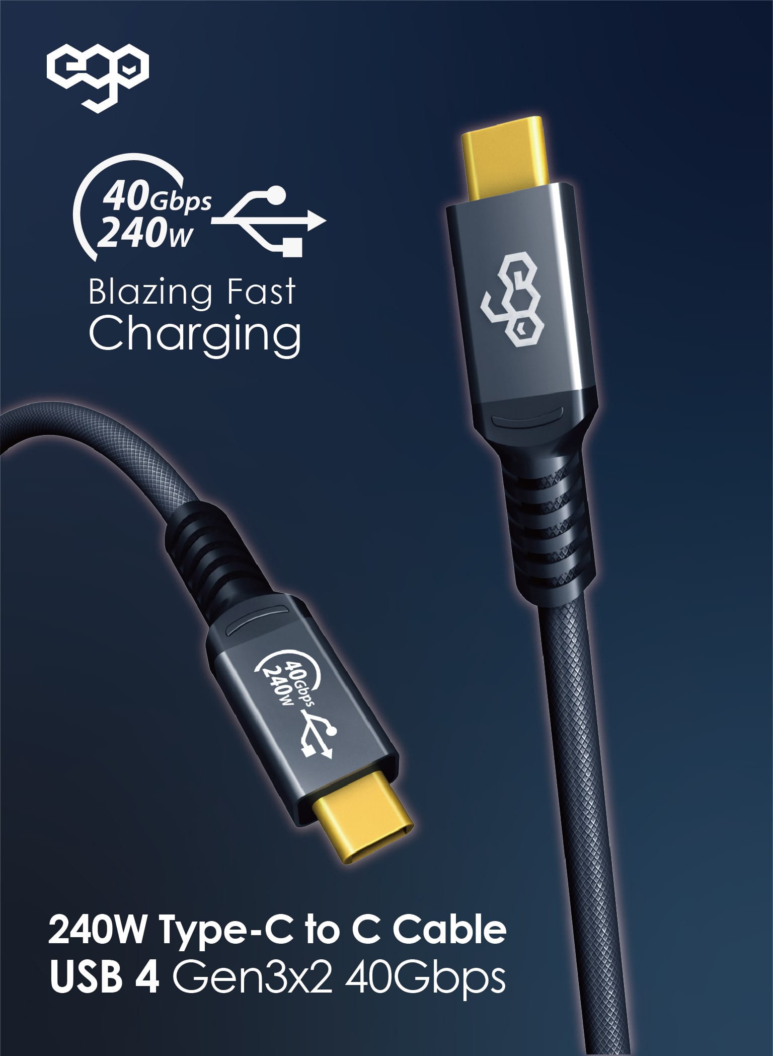 EGO Wiry Max 240W USB4 USB-C 數據線 50cm - 灰色 功能及使用說明 01