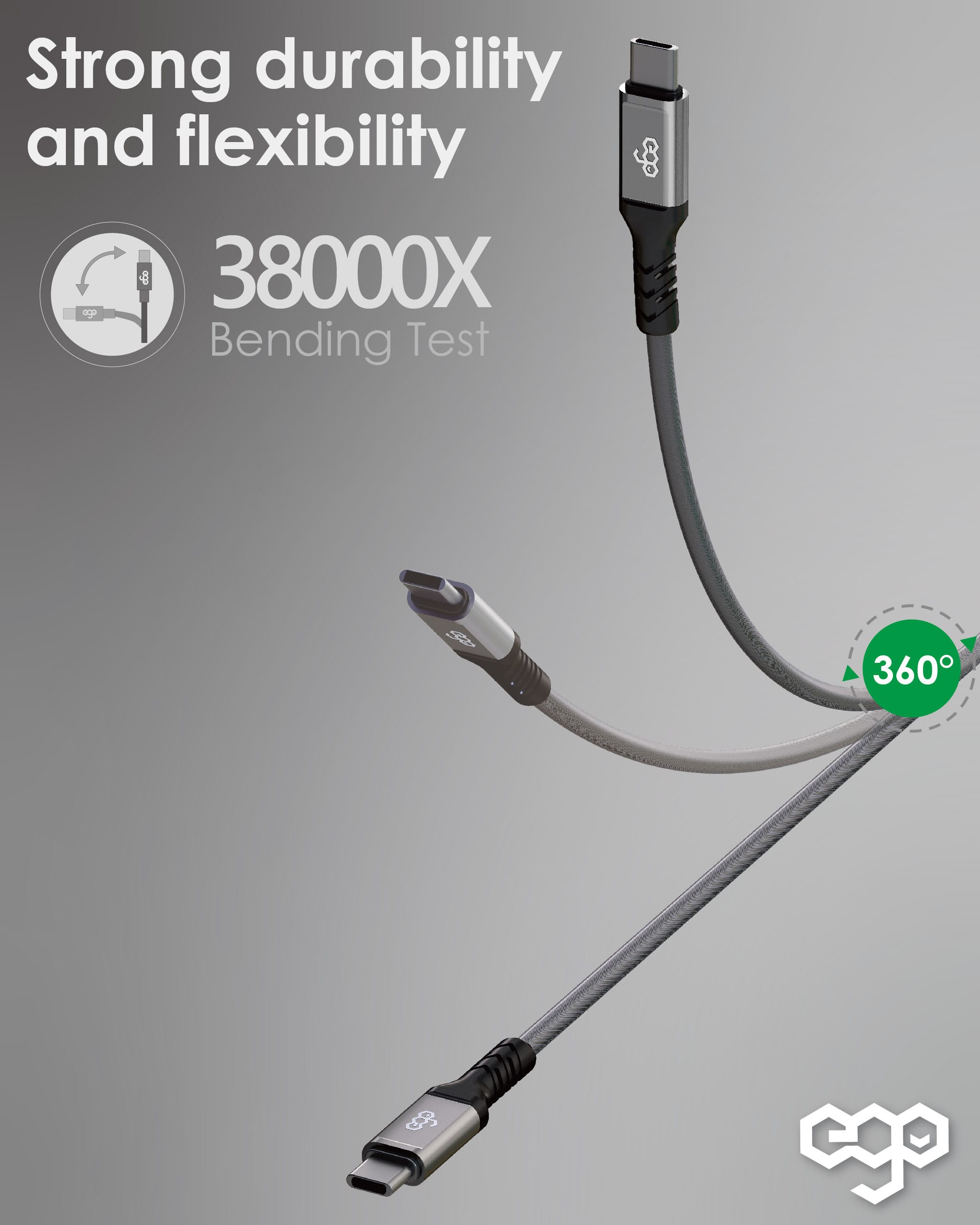 EGO Wiry Max 100W USB3.2 USB-C 數據線 - 灰色 功能及使用說明 03