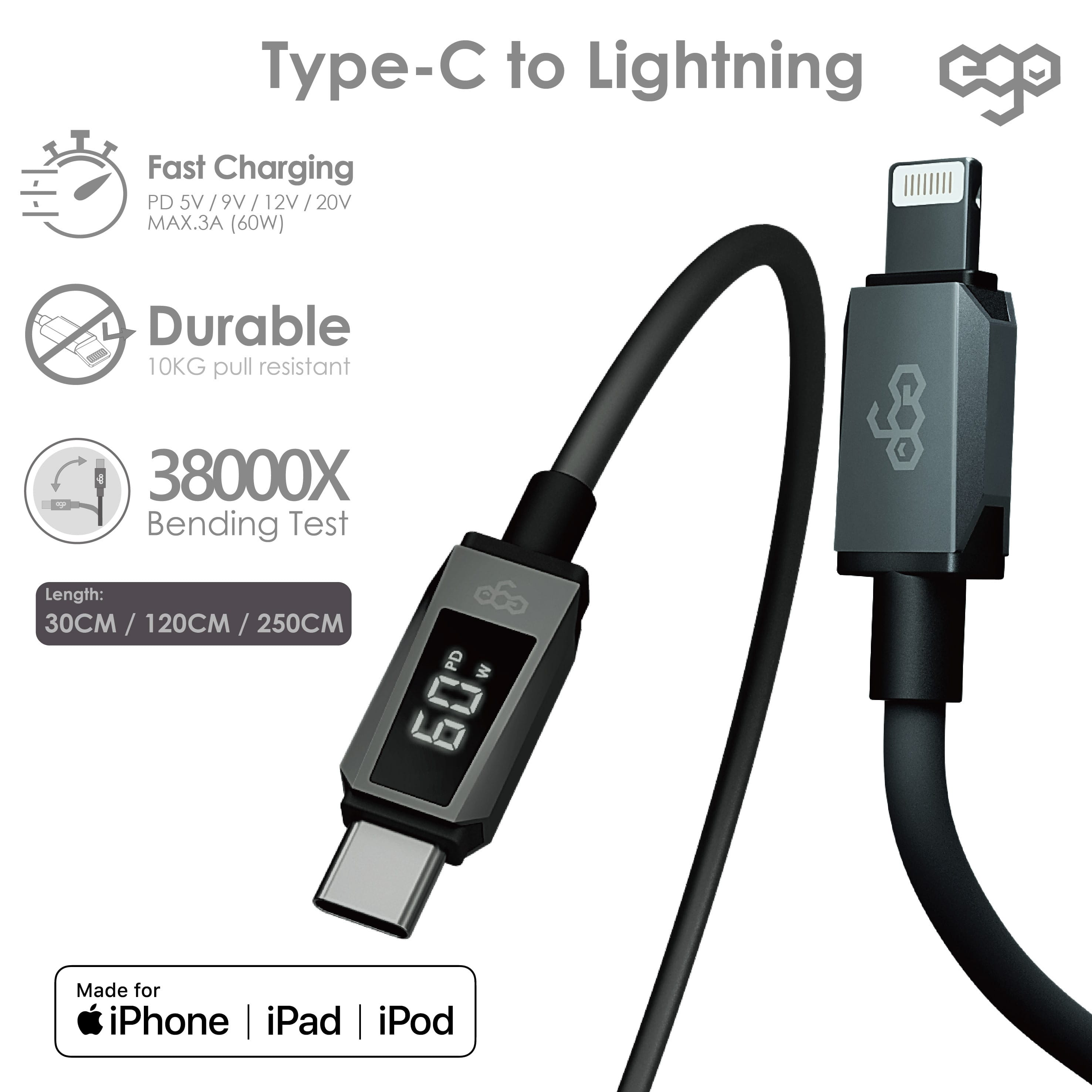 EGO Wiry Max 2 MFi USB-C 至 Lightning 充電線 30cm - 白色 功能及使用說明 01