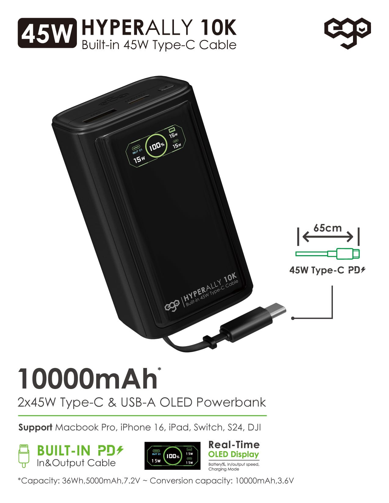 EGO Hyper Ally 10K 10000mAh 45W 伸縮線外置電源 - 紫色 功能及使用說明 01