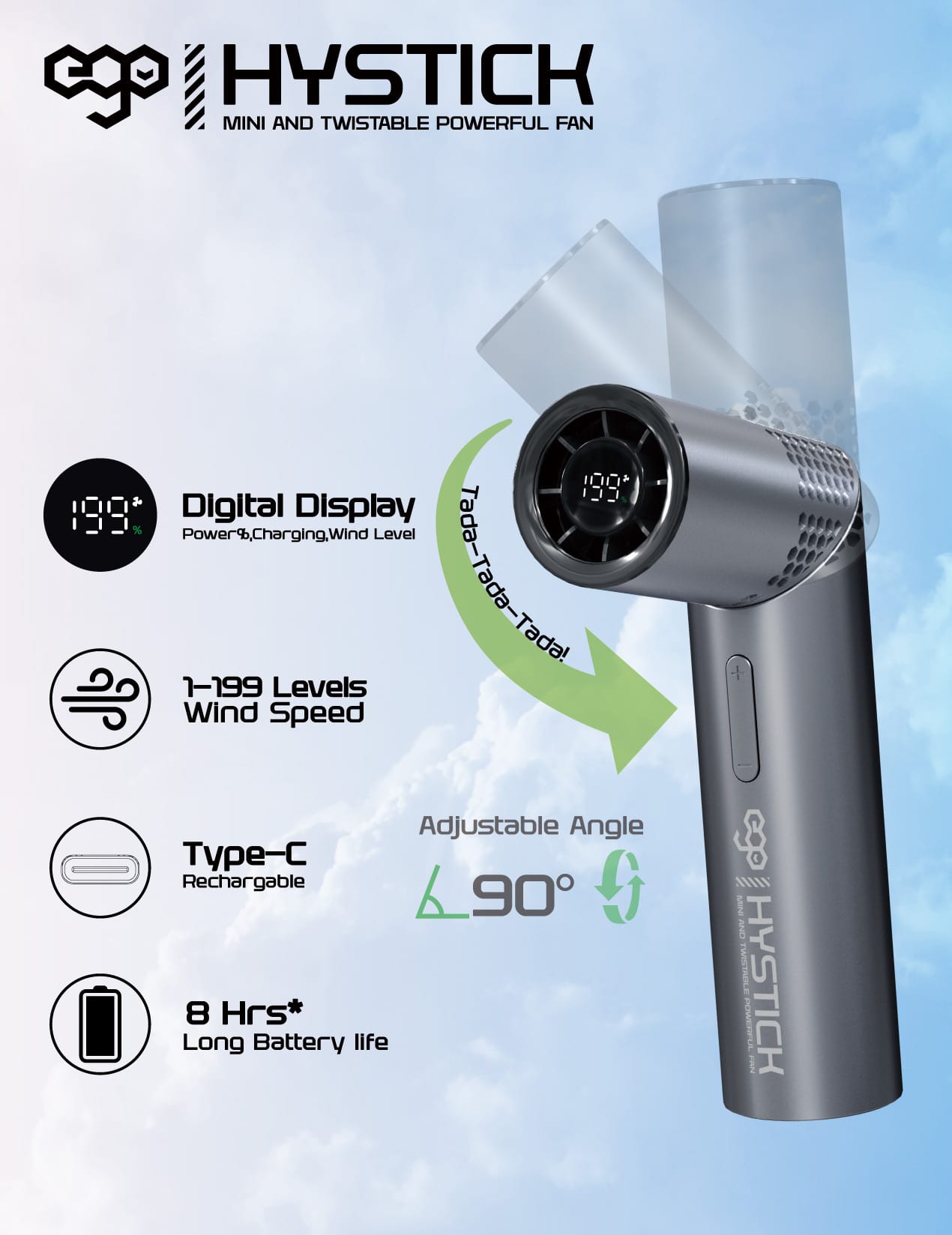 EGO HyStick 可調角度手提風扇 - 灰色 功能及使用說明 01