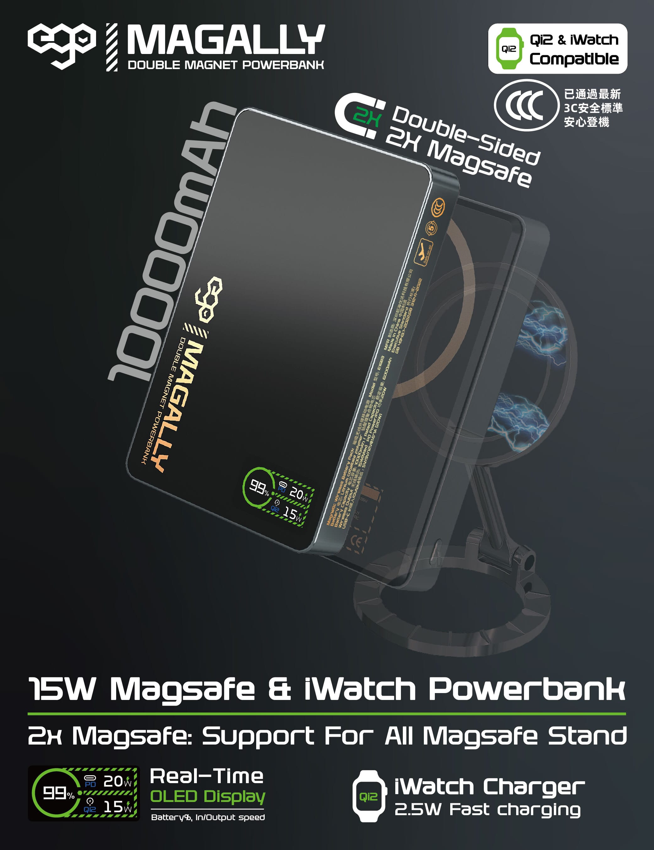 EGO MagAlly 10000mAh Qi2 雙面磁吸外置電源 - 灰色 功能及使用說明 01
