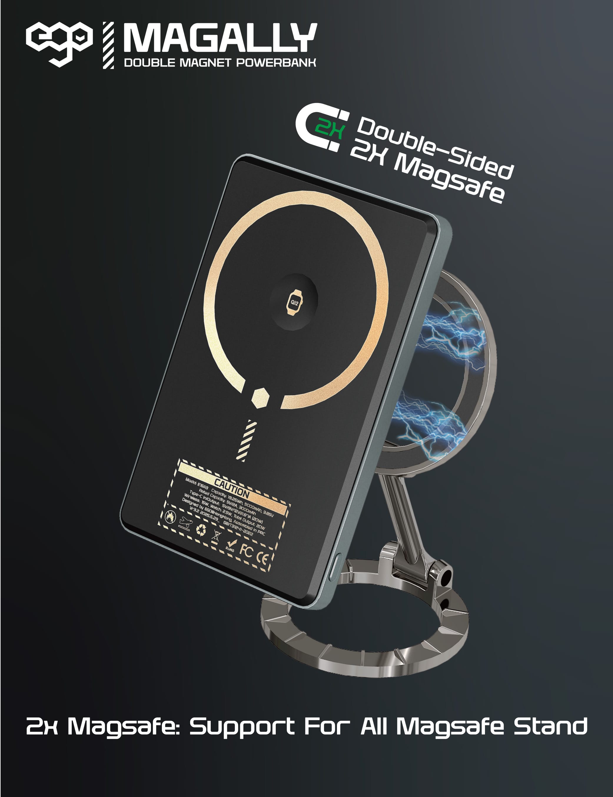 EGO MagAlly 5000mAh Qi2 雙面磁吸外置電源 - 灰色 功能及使用說明 02