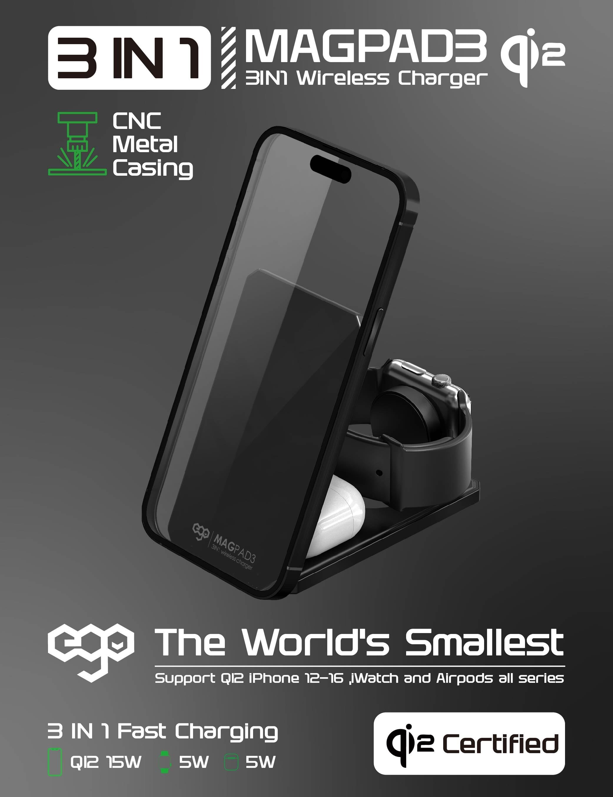 EGO MagPad3 Qi2 3合1 摺疊無線充電座 - 黑色 功能及使用說明 01