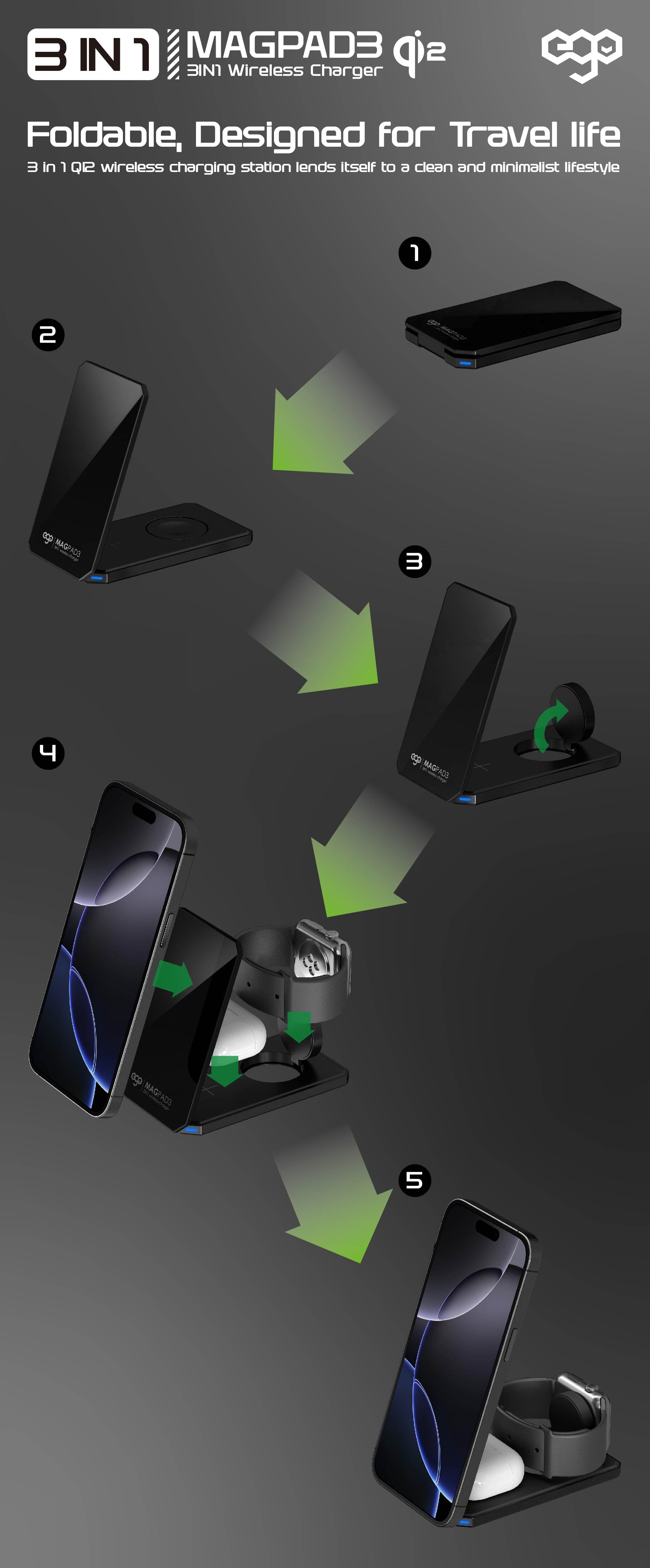 EGO MagPad3 Qi2 3合1 摺疊無線充電座 - 黑色 功能及使用說明 08