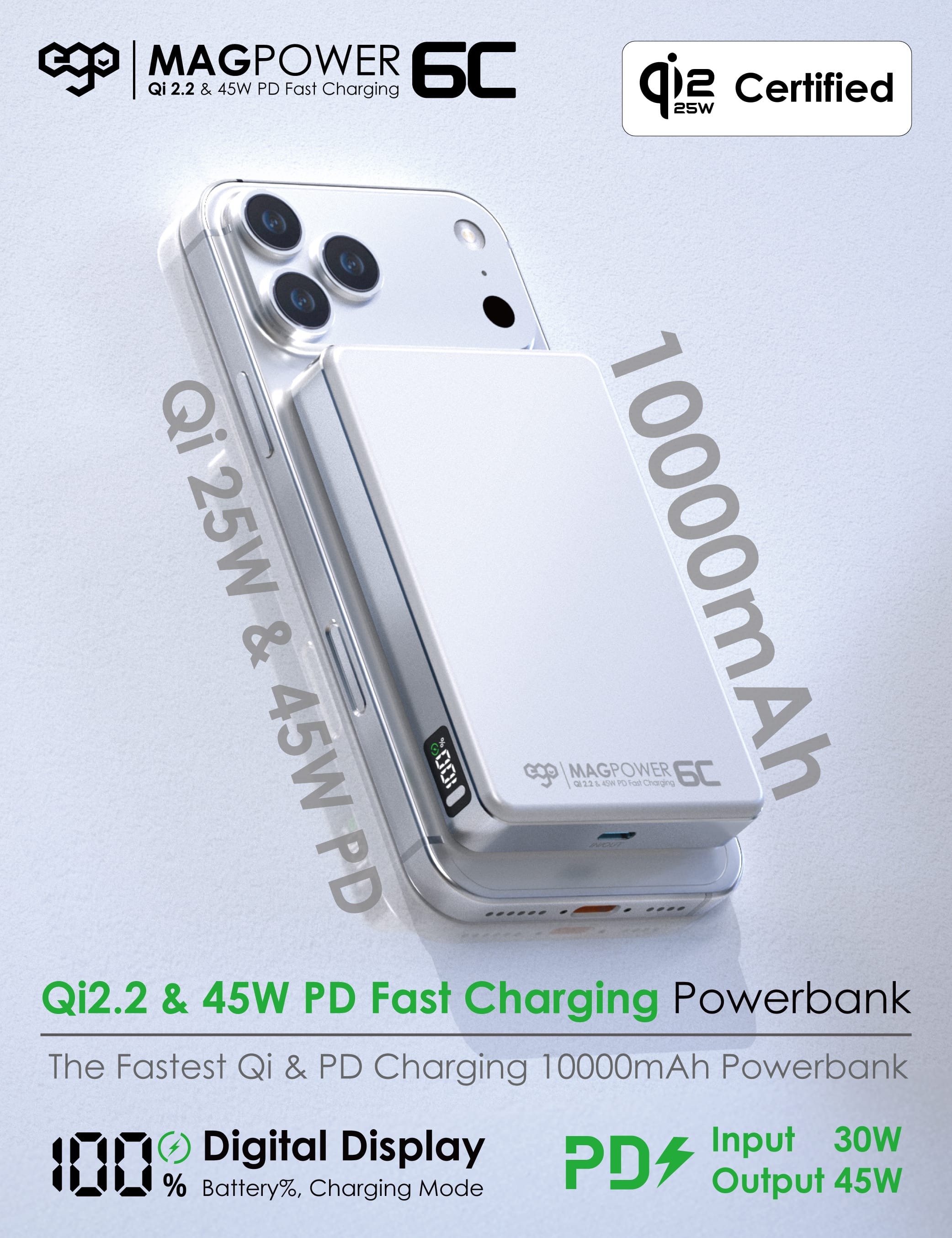 EGO MagPower 6C 10000mAh 45W Qi2.2 磁吸外置電源 - 黑色 功能及使用說明 01