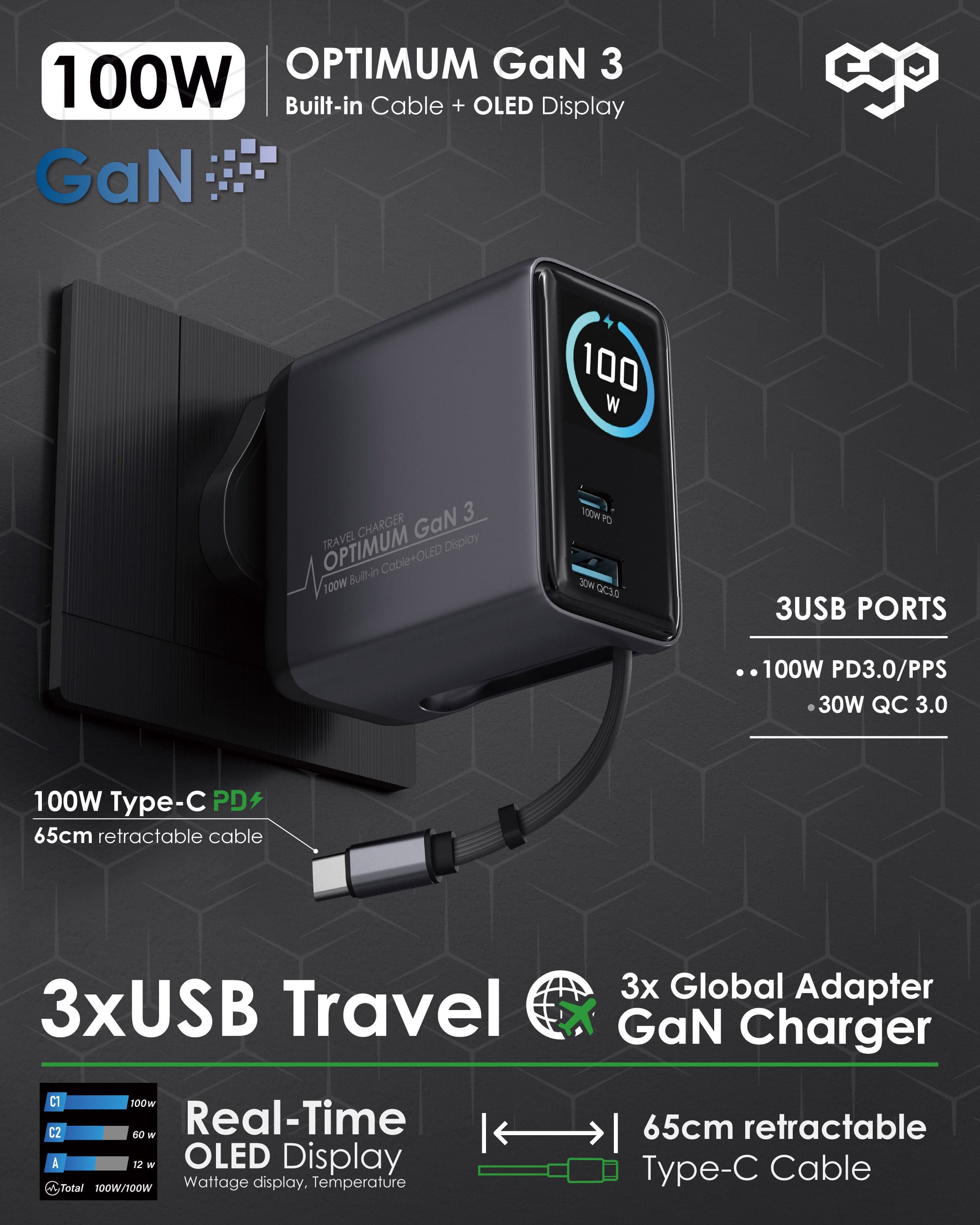 EGO Optimum GaN3 100W 伸縮線旅行充電器 - 白色 功能及使用說明 01
