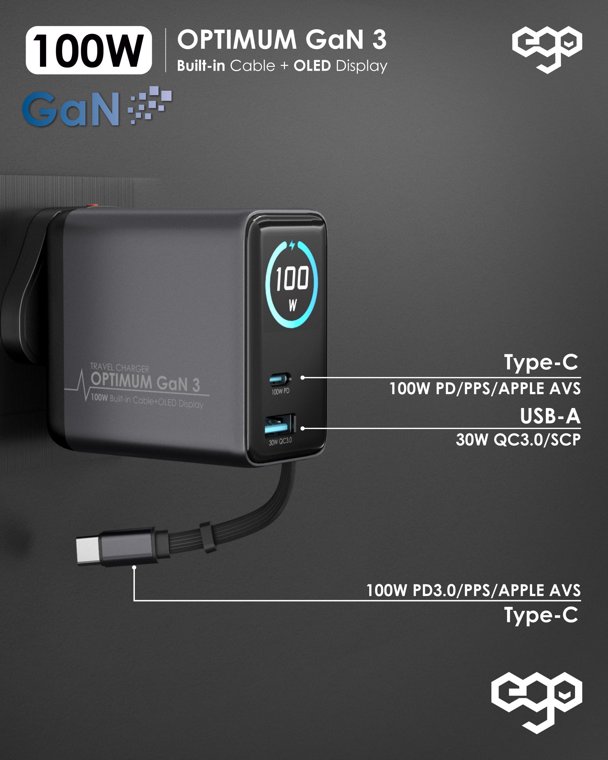 EGO Optimum GaN3 100W 伸縮線旅行充電器 - 白色 功能及使用說明 02