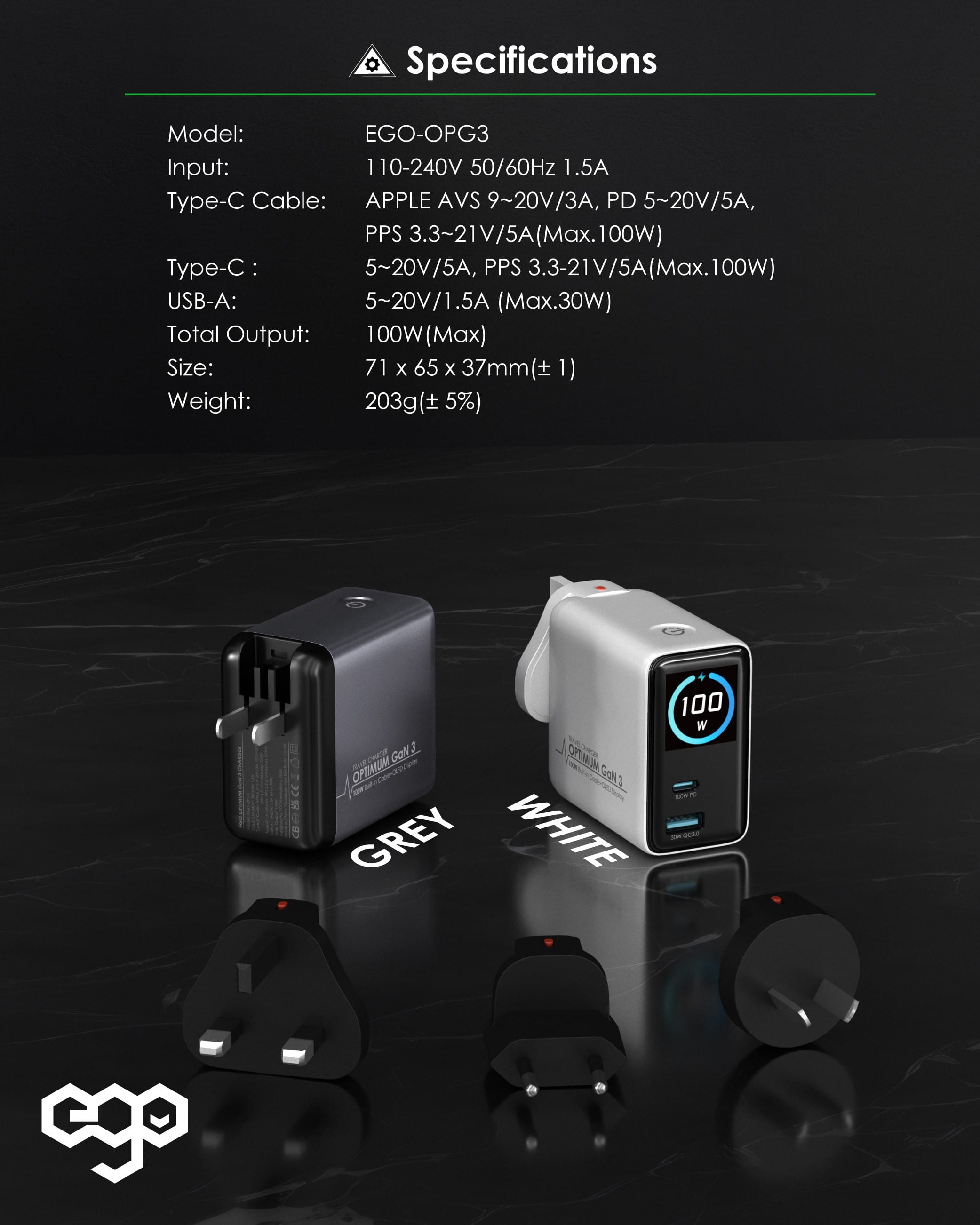 EGO Optimum GaN3 100W 伸縮線旅行充電器 - 白色 功能及使用說明 11