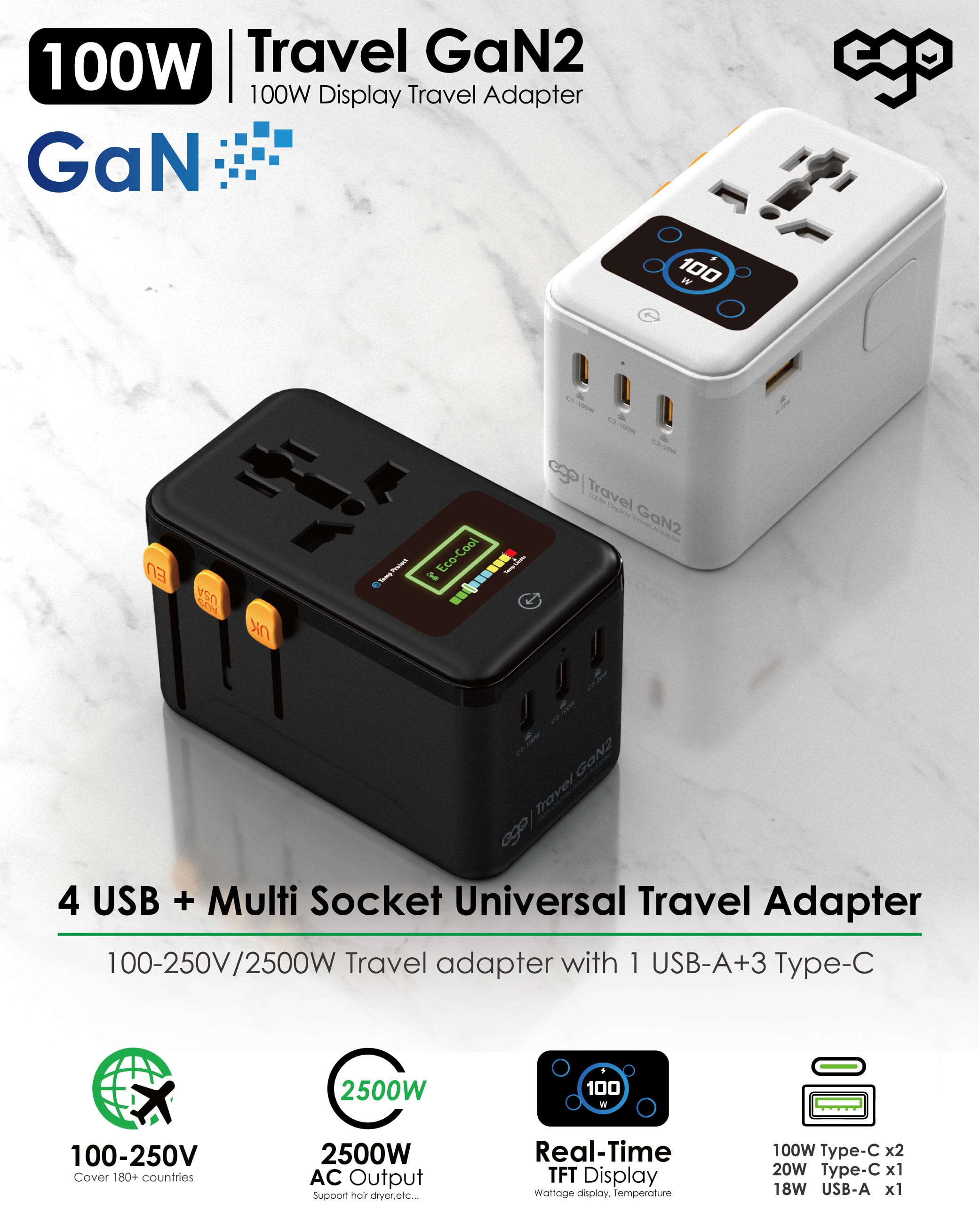 EGO Travel GaN2 100W 4USB 旅行轉插 - 白色 功能及使用說明 01