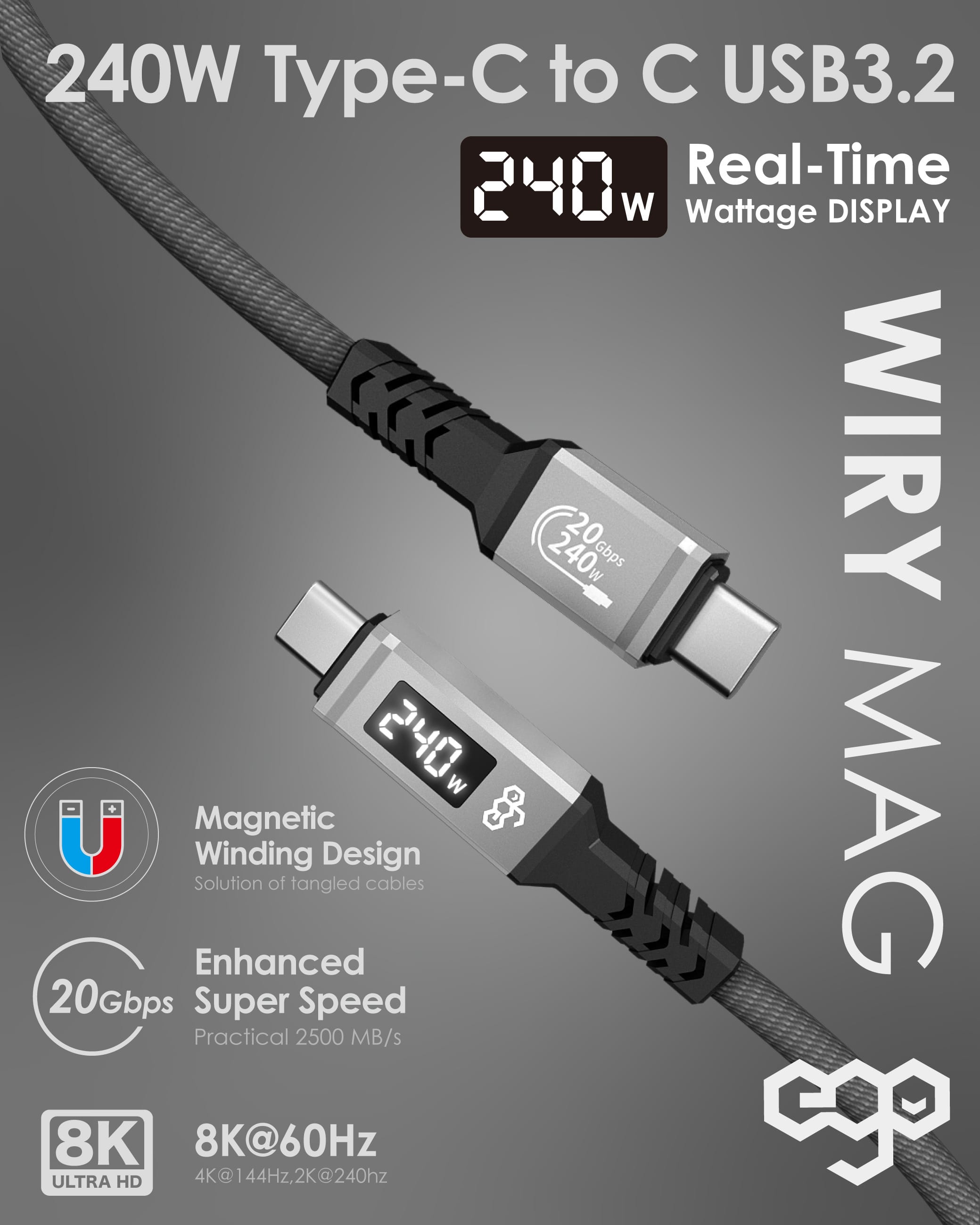 EGO Wiry Mag 240W USB3.2 磁吸 USB-C 數據線 50cm - 灰色 功能及使用說明 01