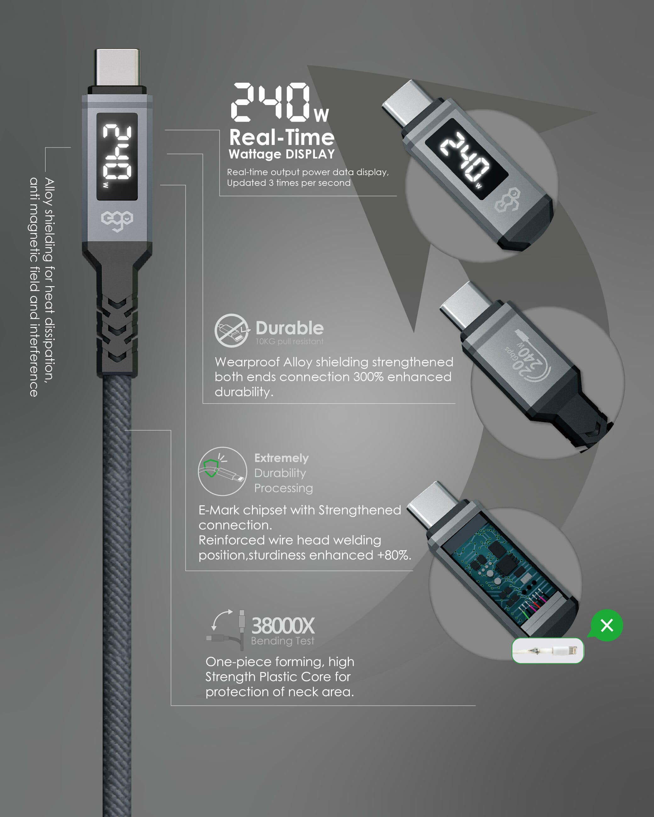 EGO Wiry Mag 240W USB3.2 磁吸 USB-C 數據線 50cm - 灰色 功能及使用說明 02