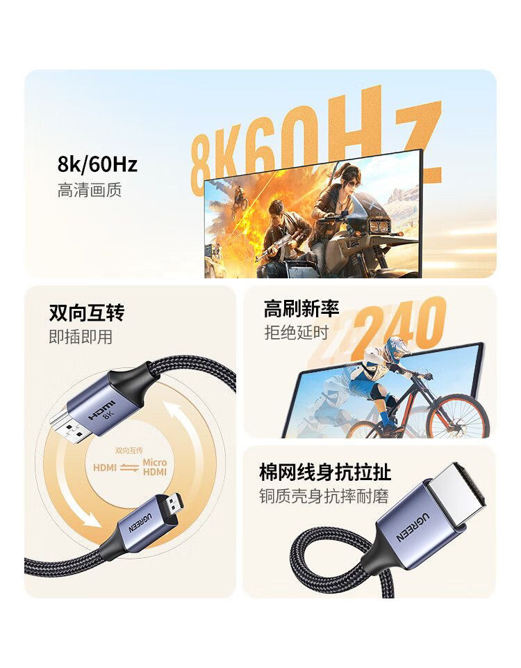 Ugreen 綠聯 HD164 Micro HDMI to HDMI 2.1 Cable 8K 2M 圖文描述 06