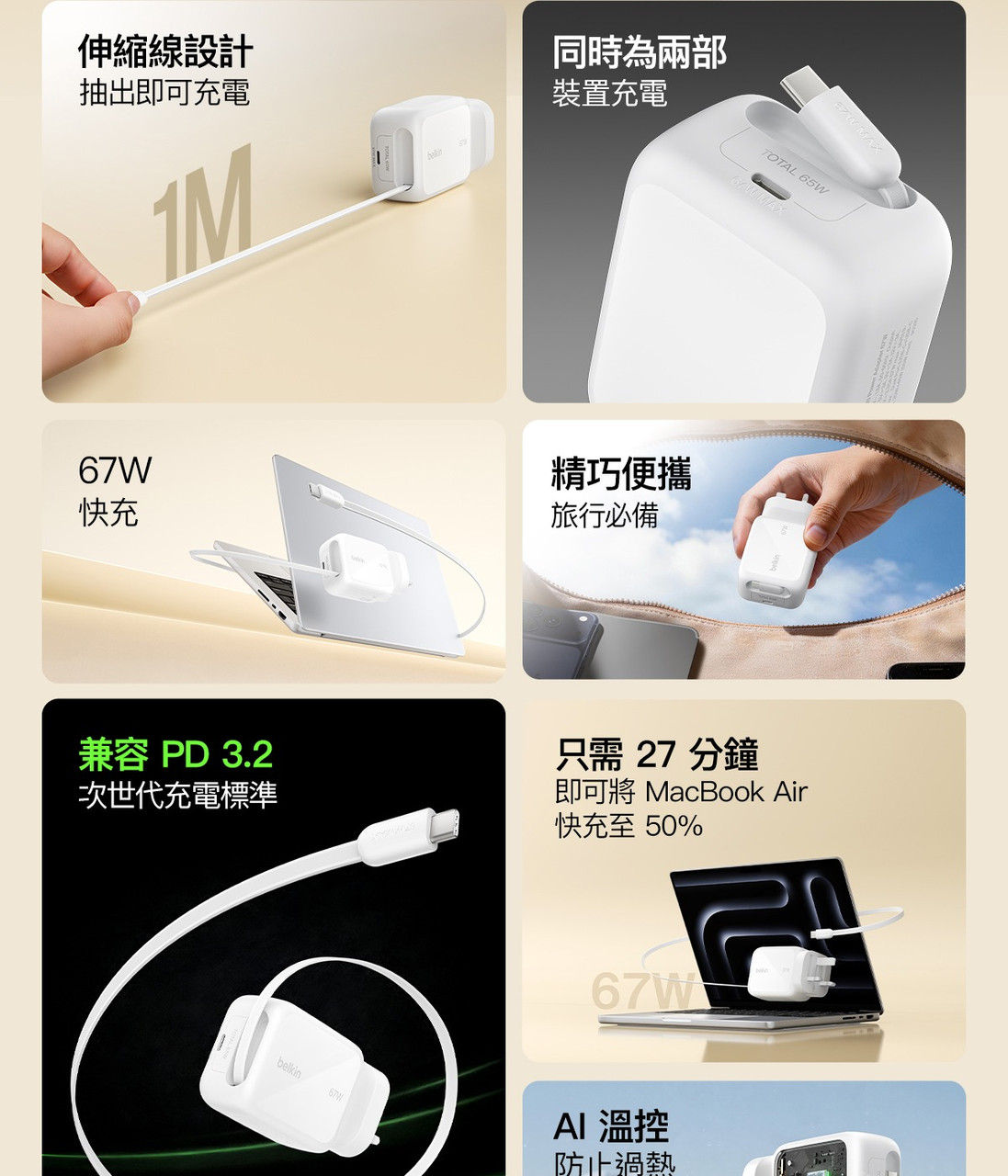 Belkin WCH022 UltraCharge 67W Retractable GaN Wall Charger 圖文描述 3