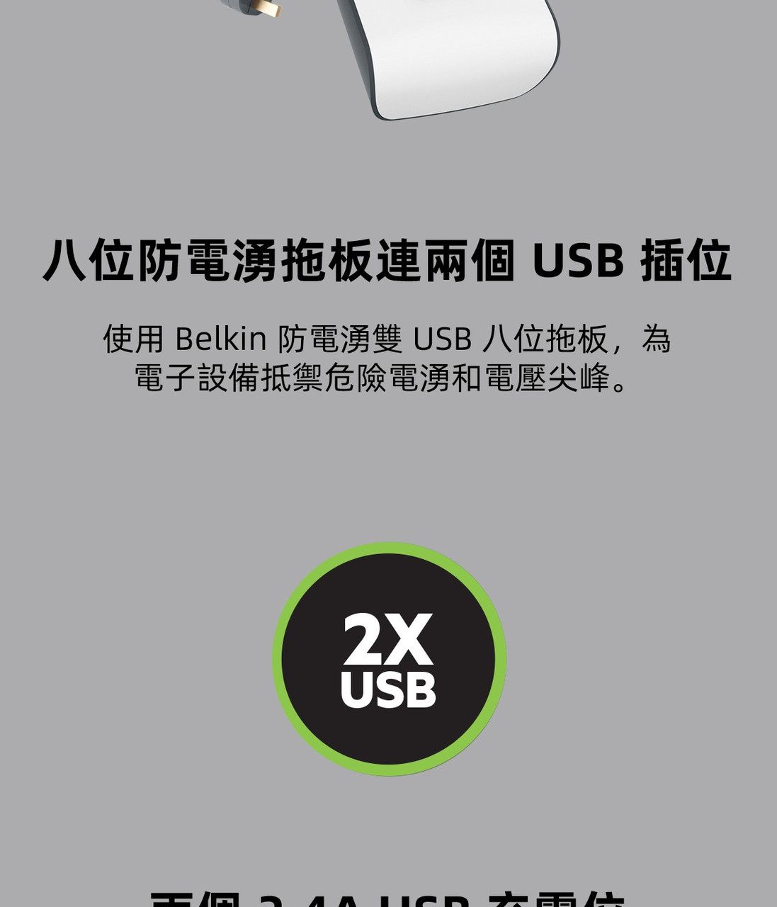 Belkin 8位防雷保護拖板（2個 USB-A｜2.4A｜2米） 圖文描述圖片 1 第 3 部分