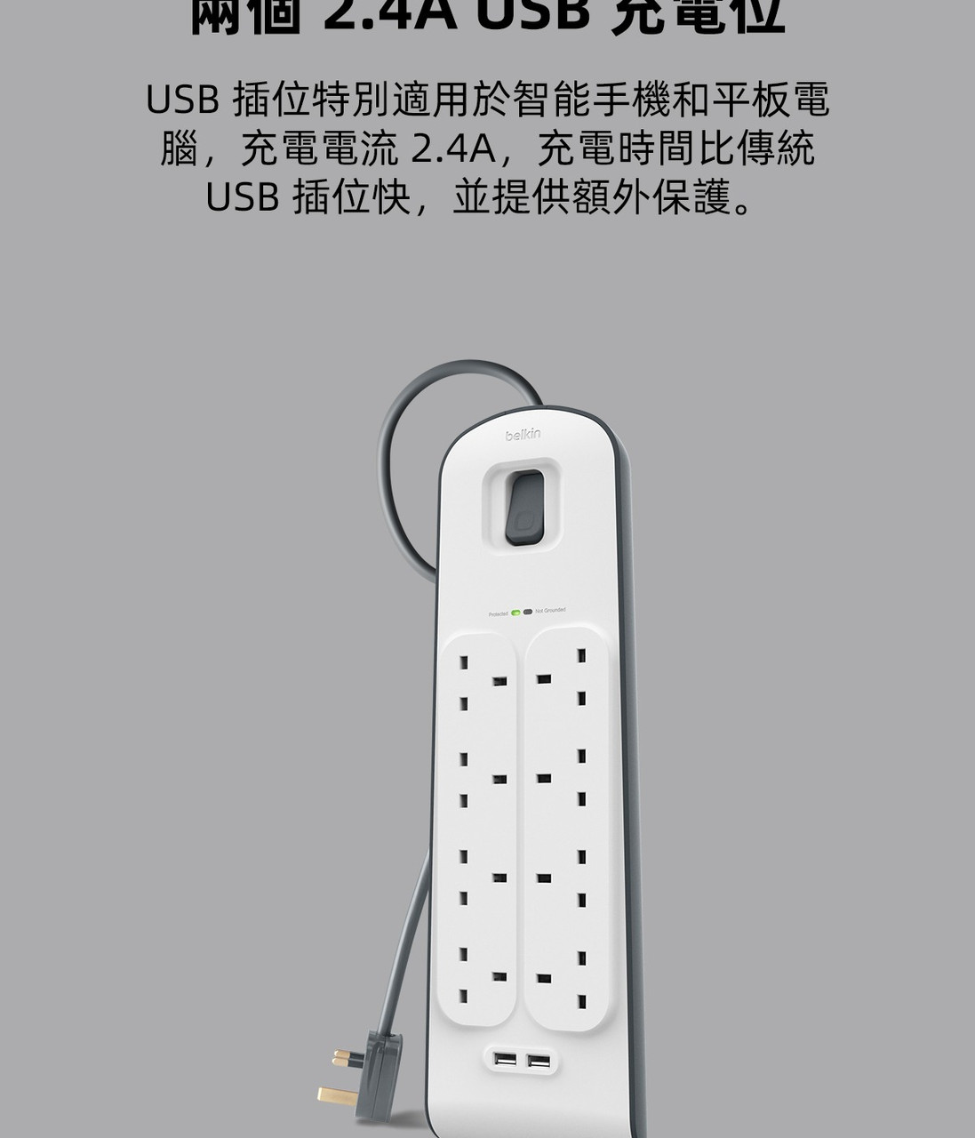 Belkin 8位防雷保護拖板（2個 USB-A｜2.4A｜2米） 圖文描述圖片 1 第 4 部分