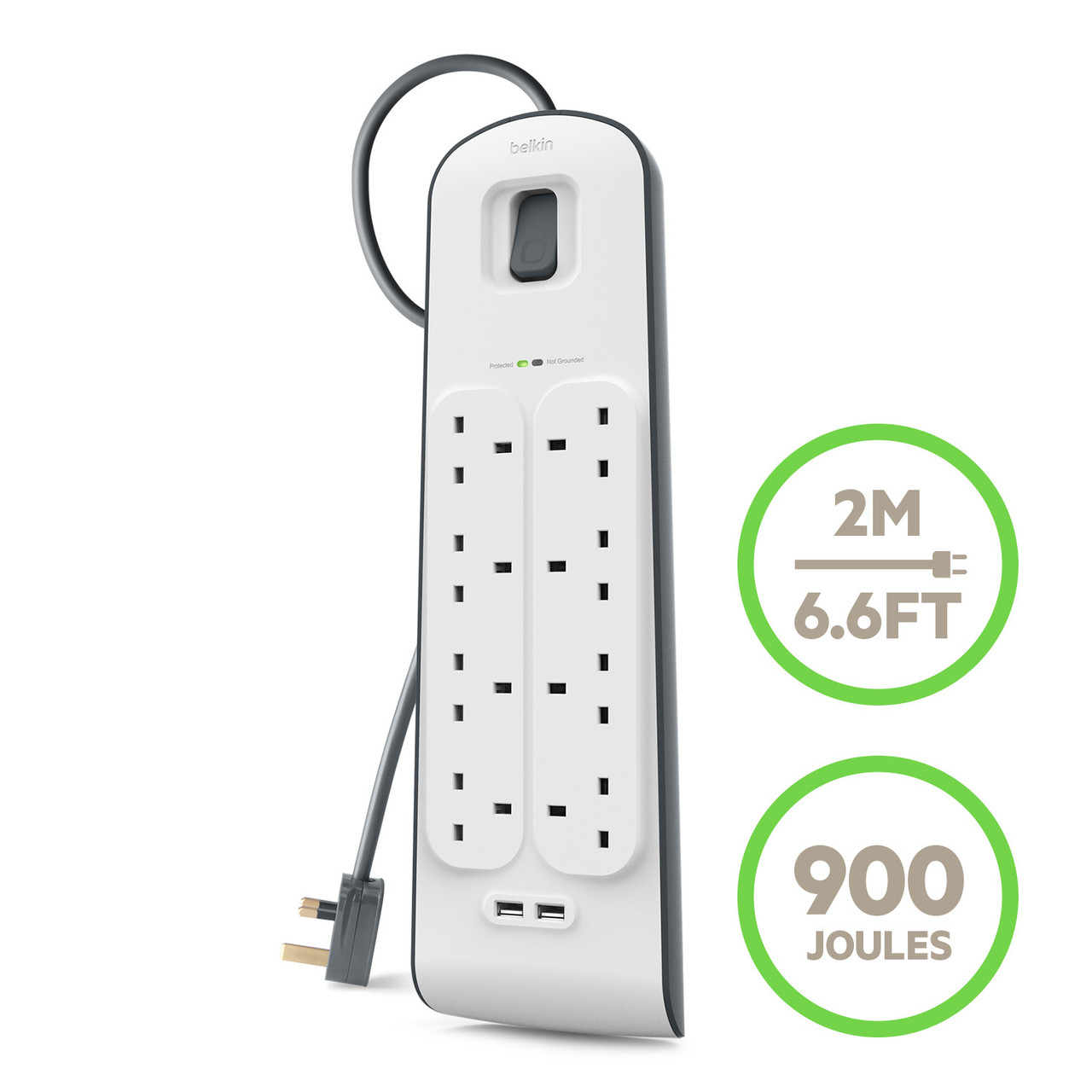 Belkin 8位防雷保護拖板（2個 USB-A｜2.4A｜2米） 圖文描述圖片 3