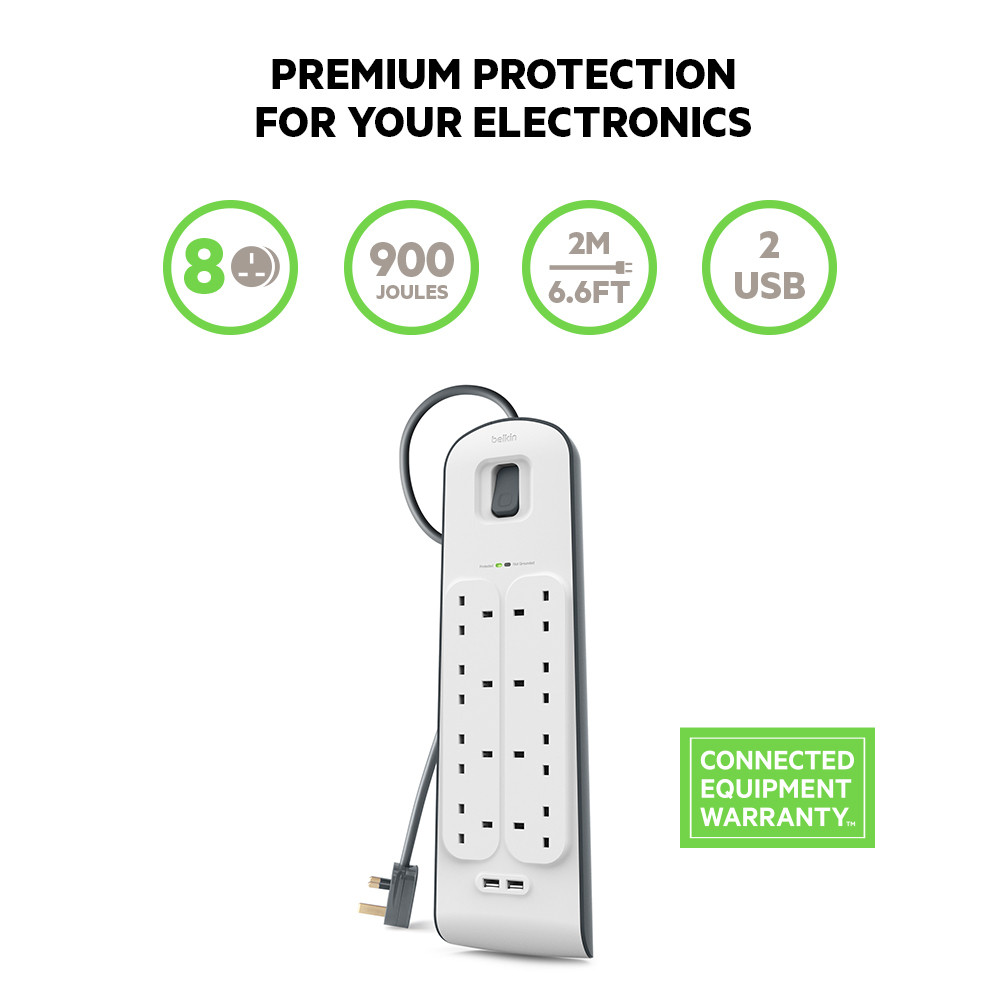 Belkin 8位防雷保護拖板（2個 USB-A｜2.4A｜2米） 圖文描述圖片 4