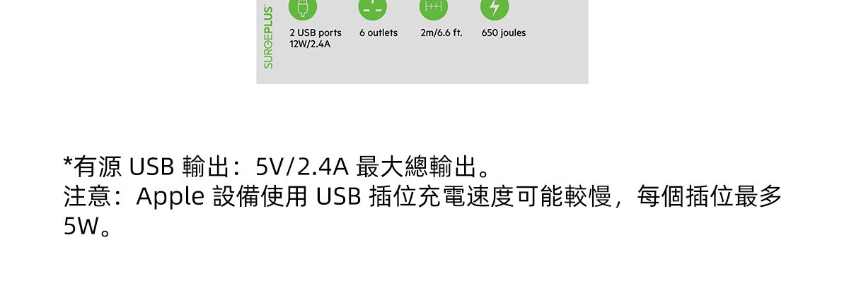 Belkin 6位防雷保護拖板（2個 USB-A｜2.4A｜2米） 圖文描述圖片 1 第 8 部分