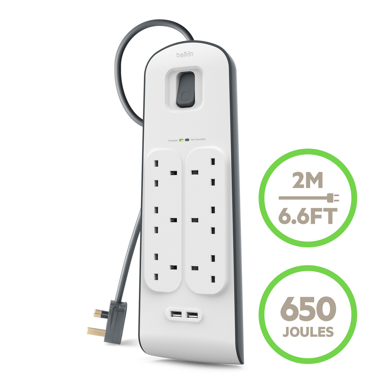 Belkin 6位防雷保護拖板（2個 USB-A｜2.4A｜2米） 圖文描述圖片 3