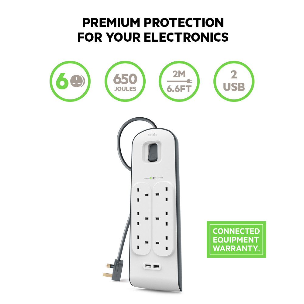 Belkin 6位防雷保護拖板（2個 USB-A｜2.4A｜2米） 圖文描述圖片 5