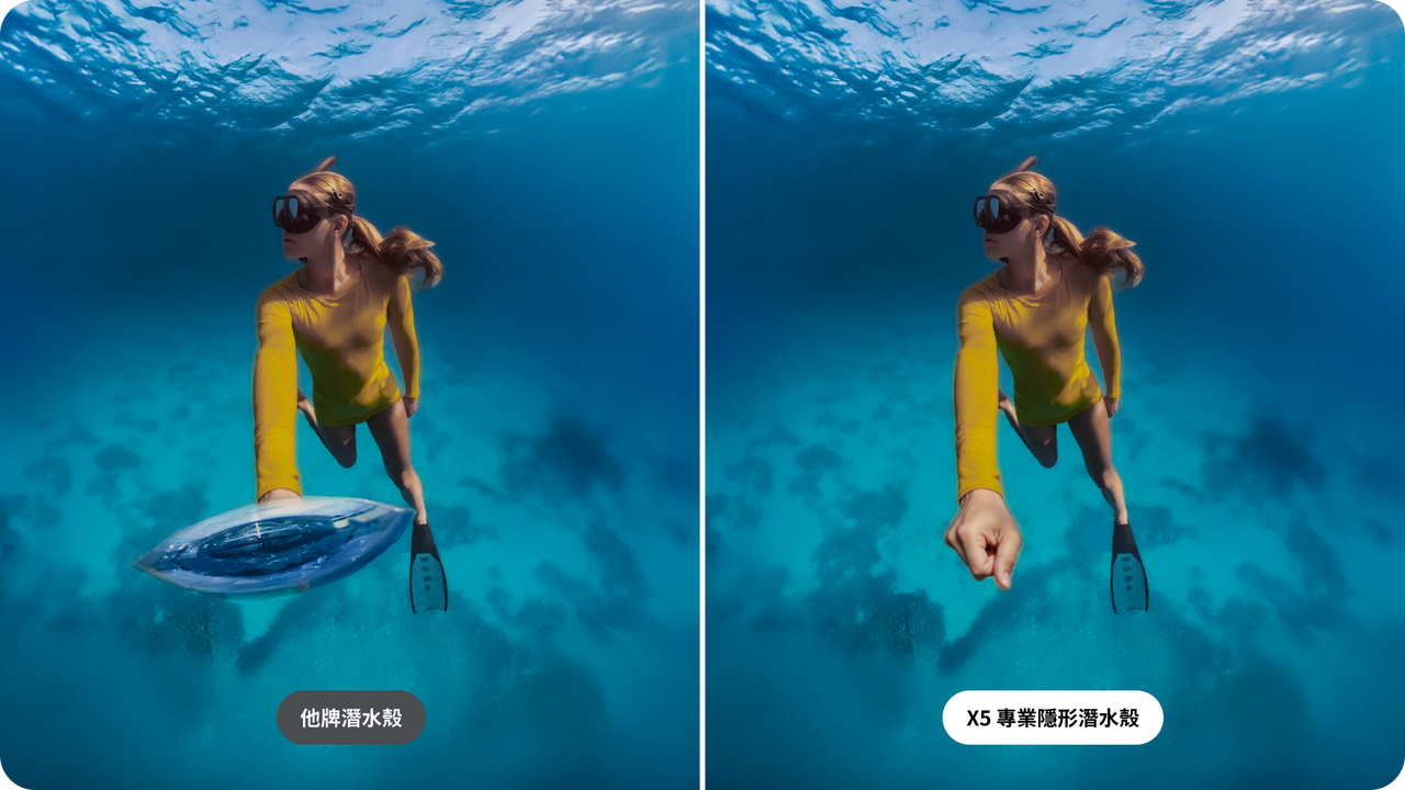 Insta360 X5 高級隱形潛水殼 360 度全景隱形效果
