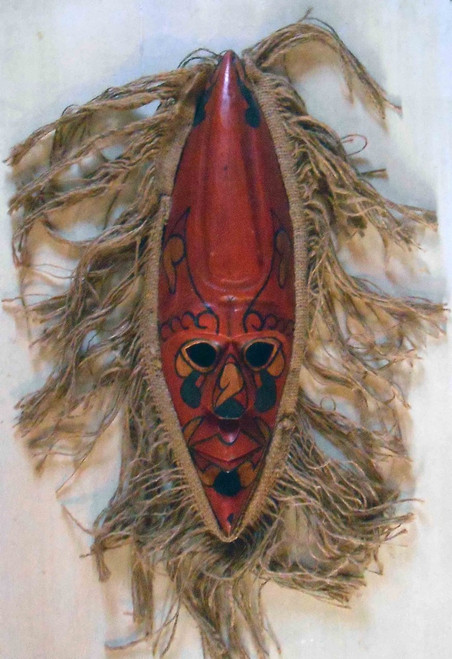Red Carved Wooden Mask  trimmed w/ Burlap