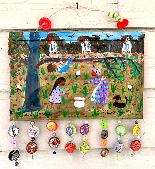 PICKING PECANS - TIN ROOFING SHINGLE  by JESSIE LAVON..